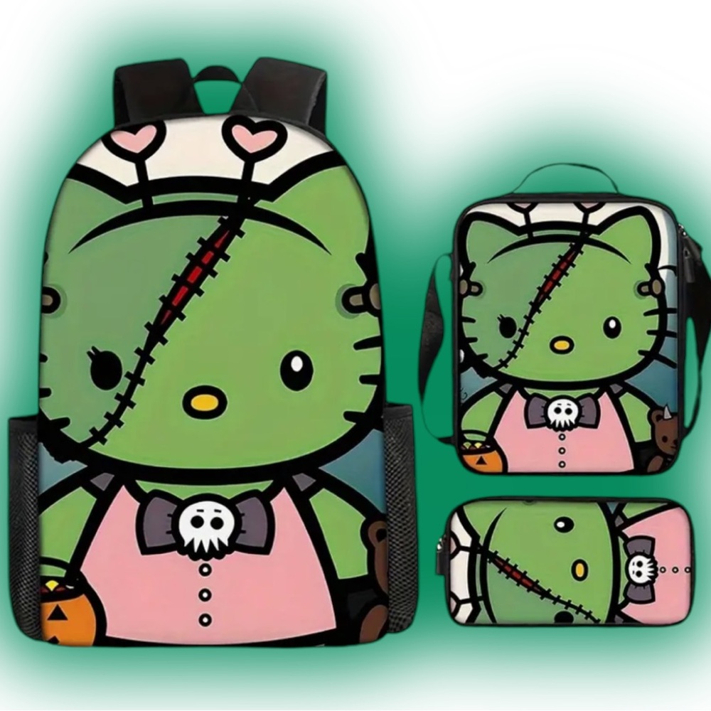 🆕 Hello Kitty Halloween Themed Backpack Set, Oxford Cloth - 3 Piece Travel Bag